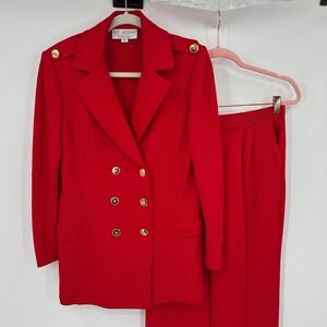 St John Collection Red Santana Knit Double Breasted Pant Suit Gold Button Sz 6/8